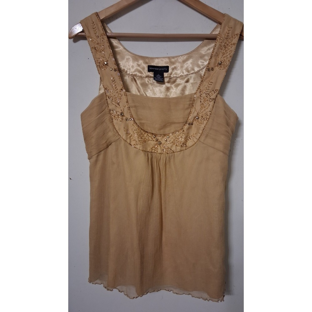 Vintage Spenser Jeremy 100% Silk Blouse Sleeveless Beaded Round Neck Gold Large